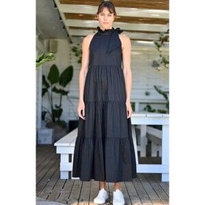 WYATT WYLDE Maxi Dress Large L Black Womens Helena Tie Neck Pockets Cotton New